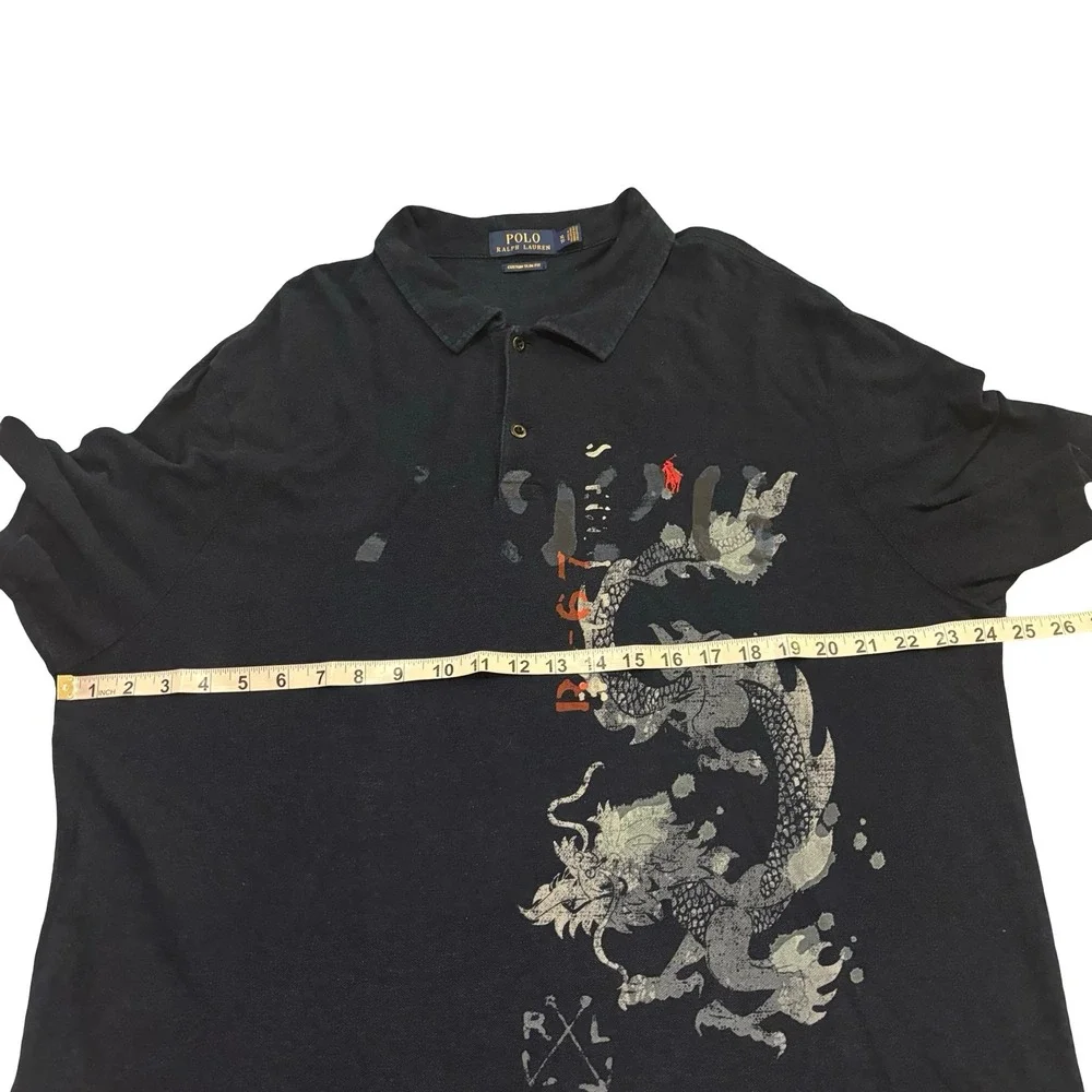 Polo Ralph Lauren Mens XL Custom‎ Slim Fit Dragon Graphic Polo Shirt Navy Blue